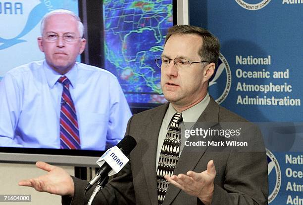 Gerry Bell of the National Oceanic & Atmospheric Administration Climate Prediction Center speaks about the hurricane season while Max Mayfield,...