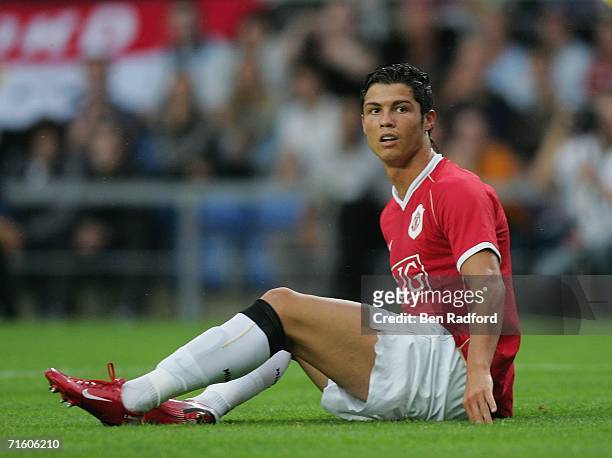 Cristiano Ronaldo of Manchester Utd sits on the pitch during the pre season friendly match between Oxford Utd and Manchester Utd at the Kassam...