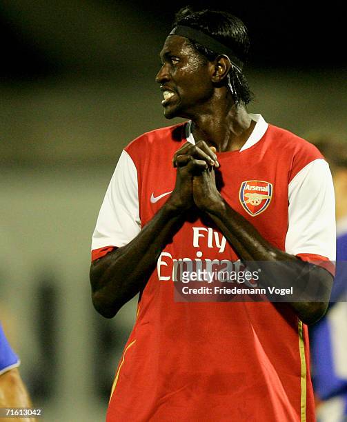 Emmanuel Adebayor of Arsenal yells during the UEFA Champions League Qualification third round match between Dinamo Zagreb and Arsenal at the Maksimir...
