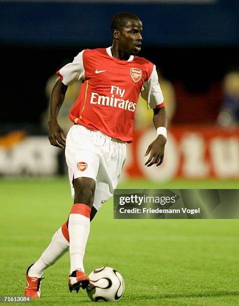 Emmanuel Eboue of Arsenal in action during the UEFA Champions League Qualification third round match between Dinamo Zagreb and Arsenal at the...
