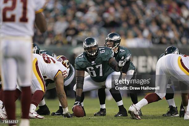 Center Jamaal Jackson of the Philadelphia Eagles looks to make a block during the game against the Washington Redskins on January 1, 2006 at Lincoln...