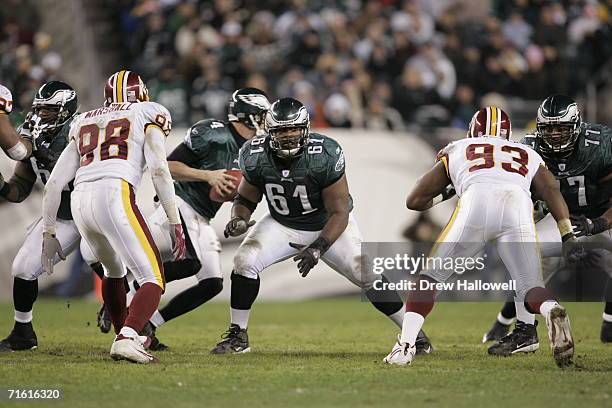 Guard Adrien Clarke of the Philadelphia Eagles looks to make a block during the game against the Washington Redskins on January 1, 2006 at Lincoln...