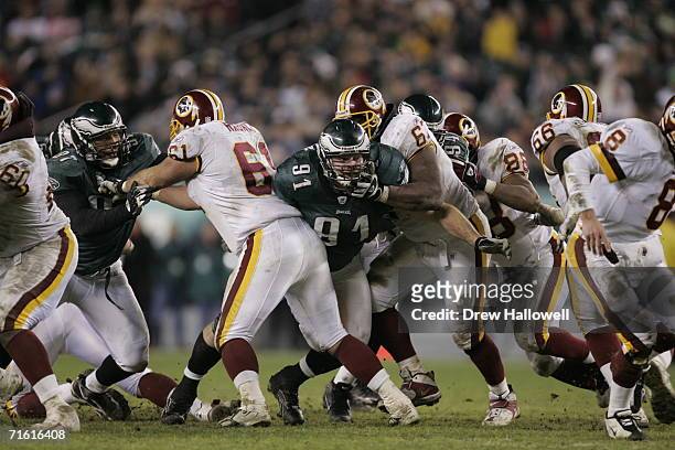 Defensive tackle Sam Rayburn of the Philadelphia Eagles pushes through the offensive line during the game against the Washington Redskins on January...