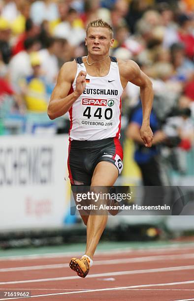 Pascal Behrenbruch of Germany competes during the 100 Metres discipline in the Men's Decathlon on day four of the 19th European Athletics...