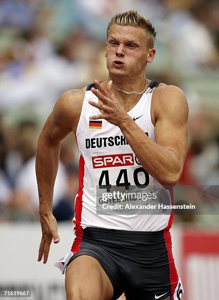 Pascal Behrenbruch of Germany competes during the 100 Metres discipline in the Men's Decathlon on day four of the 19th European Athletics...