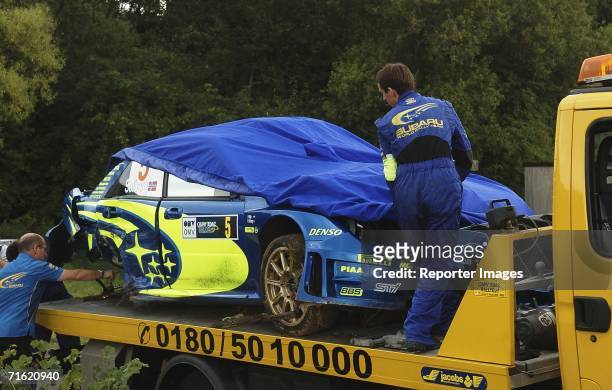The Subaru Impreza of Petter Solberg and Philip Mills is removed after an accident during the Shakedown for the OMV ADAC Rallye Deutschland, on...
