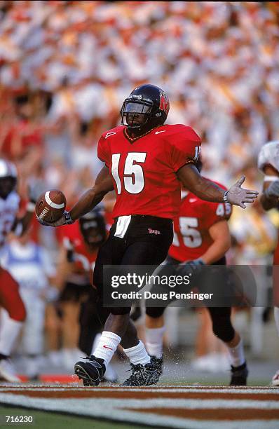 LaMont Jordan of the Maryland Terrapins carries the ball in the endzone during a game against the Temple Owls at Byrd Stadium in College Park,...