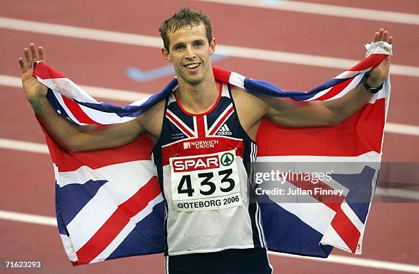 Rhys Williams of Great Britain celebrates as he wins bronze during the Men's 400 Metres Hurdles Final on day four of the 19th European Athletics...