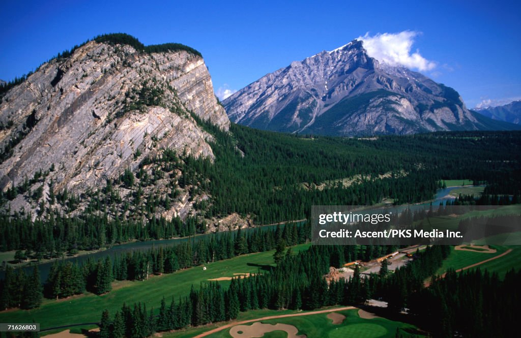 High angle view of Banff Springs Golf Course, Banff National Park, Canada