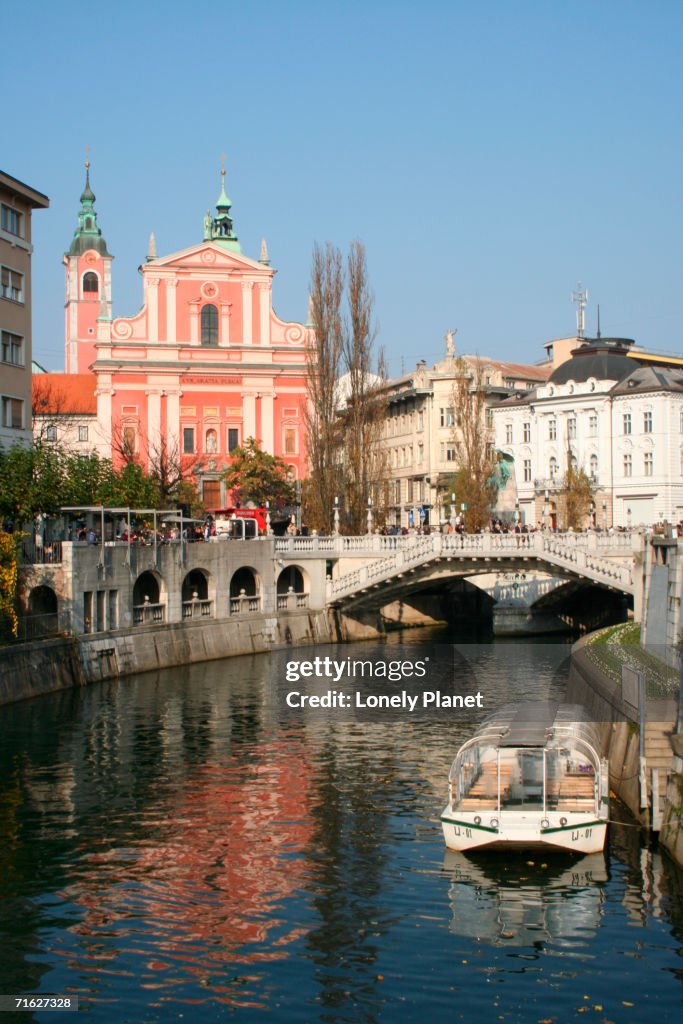 Ljubljanica River with Presernov trg in background, Ljubljana, Slovenia