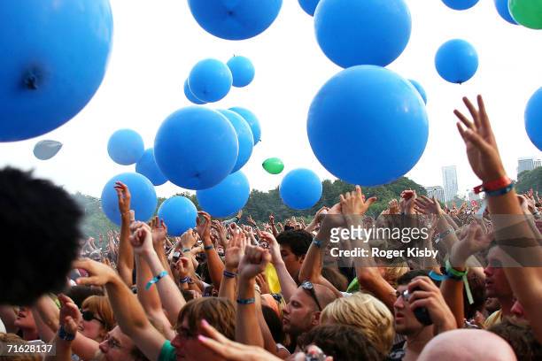 Blue balloons are released during the The Flaming Lips performance at Lollapalooza on August 5, 2006 in Chicago, Illinois.