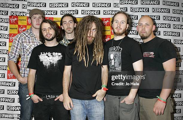 Daniel Waller, Justin Hill, James Leach, Mikee W. Goodman, Daniel Ford and Pin of Sikth pose backstage at the Kerrang! Day Of Rock at the Virgin...