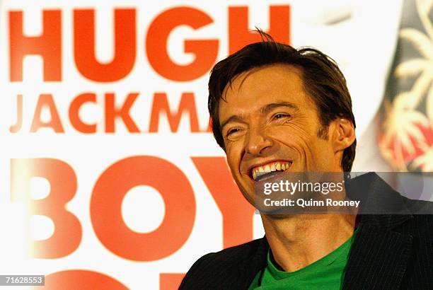 Actor Hugh Jackman talks to the media at a press conference for 'The Boy From Oz', a musical based on the life of 1970's singer-songwriter Peter...