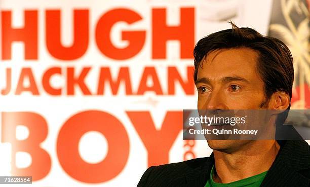 Actor Hugh Jackman talks to the media at a press conference for 'The Boy From Oz,' a musical based on the life of 1970's singer-songwriter Peter...