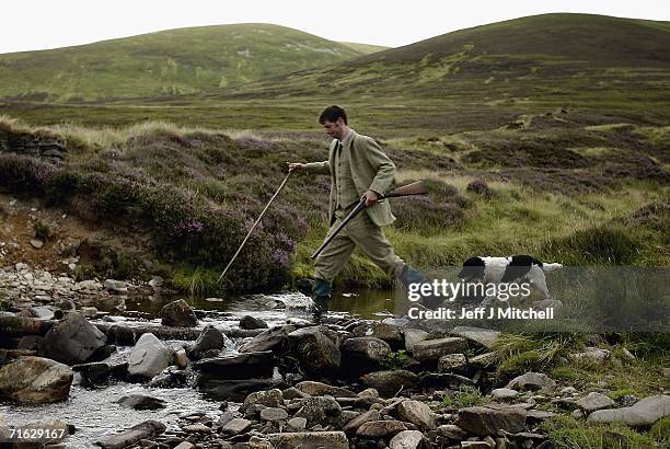 Gamekeeper Andrew Drummond crosses a stream with his springer spaniel on Drumochter Moore on the Milton Estate on August 11, 2006 Dalwhinnie in...