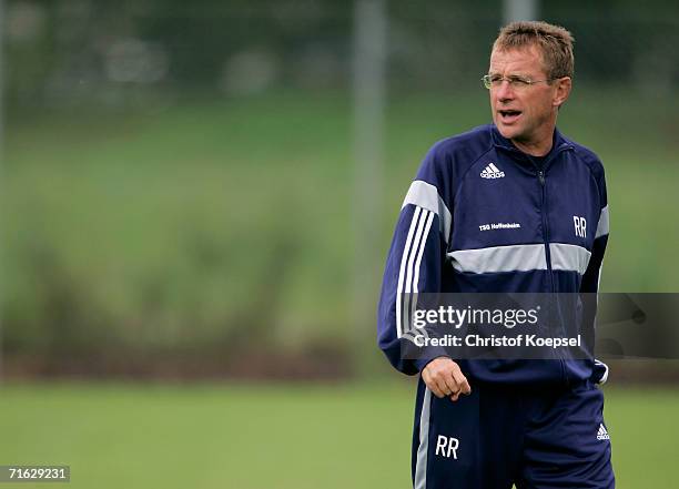 Head coach Ralf Rangnick of TSG Hoffenheim shouts during the training session for the TSG Hoffenheim report on August 10, 2006 in Hoffenheim near...