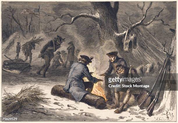 Engraving shows American troops as they warm themselves over a fire, carry wood, and camp at Valley Forge, Pennsylvania, December 1777. The...