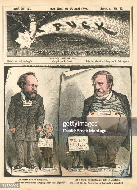 The cover of Puck magazine features a editorial cartoon that compares the Republican party candidates in the 1880 U.S. Presidential election with...