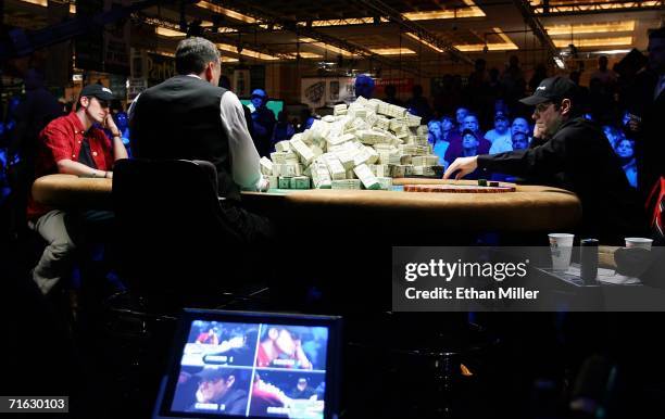 Jamie Gold of California and Paul Wasicka of Colorado go heads-up on the final table of the World Series of Poker no-limit Texas Hold 'em main event...