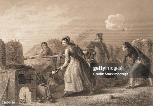 During the Battle of Fort Niagara, a pair of uniformed soldiers and two civilians load and fire a cannon during the War of 1812, Fort Niagara, New...