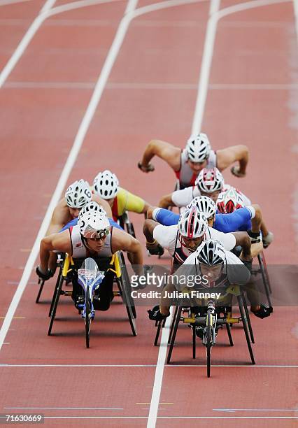 David Weir of Great Britain is followed by Marcel Hug of Switzerland during the Men's 1500 Metres Wheelchair Race Final on day five of the 19th...