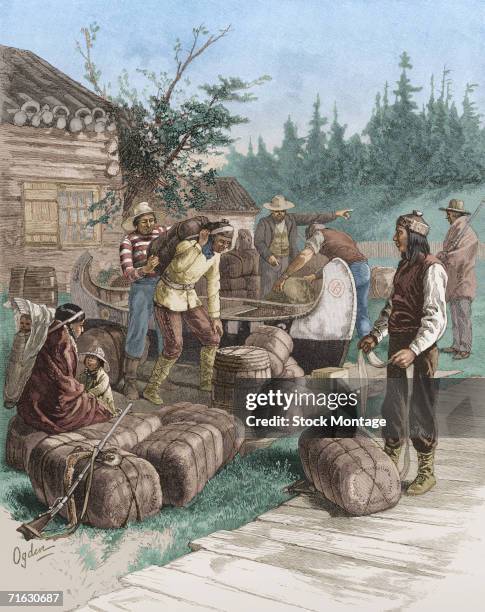 Colorized engraving shows activity at a Hudson's Bay Company trading post, Canada, 1800s.