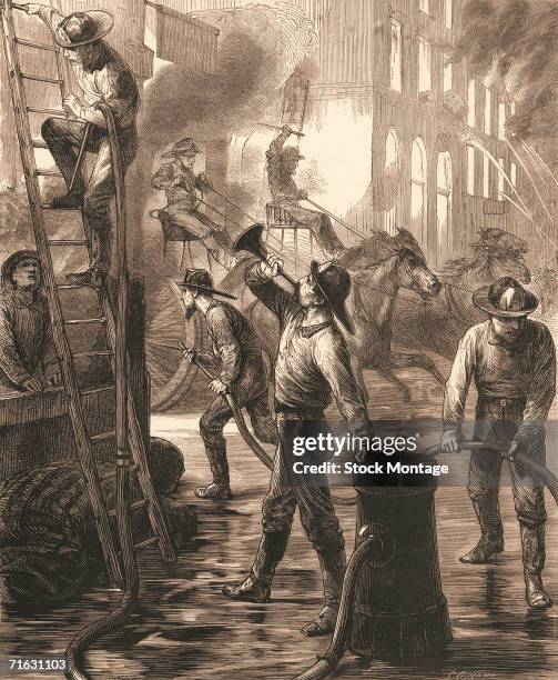 Engraving shows firefighters as they battle a buring building during the Great Chicago Fire, which destroyed a large portion of the city, Chicago,...