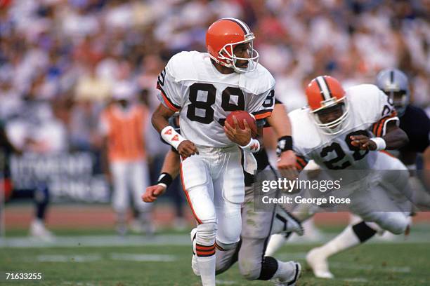 Wide receiver Gerald McNeil of the Cleveland Browns runs with the ball during a game against the Los Angeles Raiders at the Los Angeles Memorial...