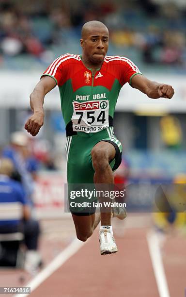 Nelson Evora of Portugal competes during the Men's Triple Jump Final on day six of the 19th European Athletics Championships at the Ullevi Stadium on...