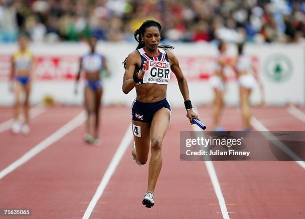 Joice Maduaka of Great Britain competes during the Women's 4 x 100 Metres Relay Semi-final on day six of the 19th European Athletics Championships at...