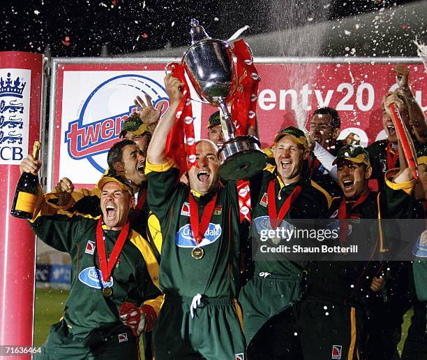 Jeremy Snape the Leicestershire captain lifts the trophy after winning the Twenty20 Cup Final match between Nottinghamshire and Leicestershire at...