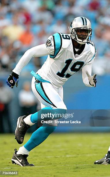 Keyshawn Johnson of the Carolina Panthers runs a route during their preseason game against the Buffalo Bills on August 12, 2006 at Bank of America...