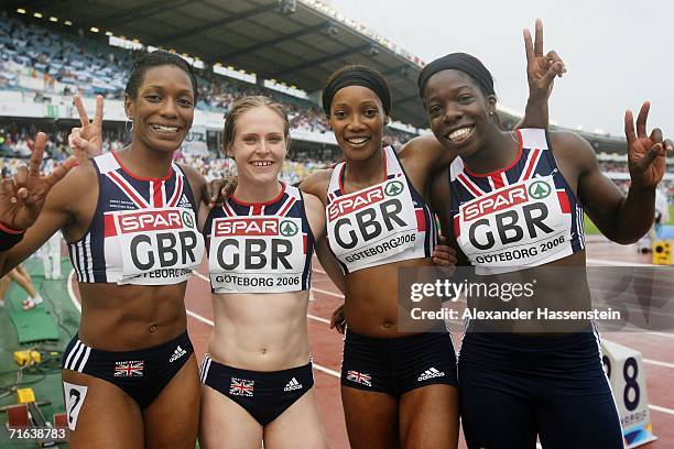 Team Great Britain members Joice Maduaka, Emily Freeman, Emma Ania and Anykia Onuora celebrate as they win silver during the Women's 4 x 100 Metres...