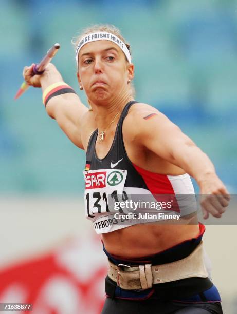 Steffi Nerius of Germany competes during the Women's Javelin throw Final on day seven of the 19th European Athletics Championships at the Ullevi...