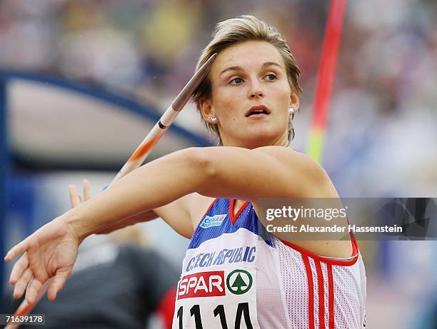 Barbora Spotakova of the Czech Republic competes during the Women's Javelin throw Final on day seven of the 19th European Athletics Championships at...