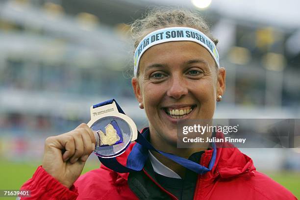 Steffi Nerius of Germany poses with her gold medal during the medal presentation for the Women's Javelin on day seven of the 19th European Athletics...