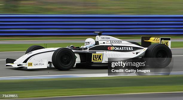 Christian Danner in action during the GP Masters of Great Britain at Silverstone circuit on August 13 in Silverstone, England. Christian Danner came...