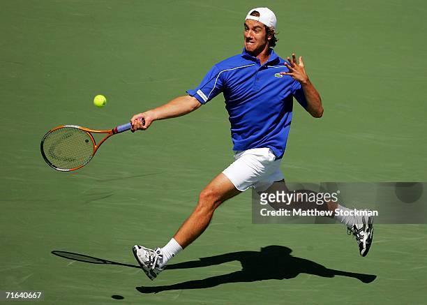 Richard Gasquet of France returns a shot to Roger Federer of Switzerland during the final of the Toronto Masters Series Rogers Cup on August 13, 2006...