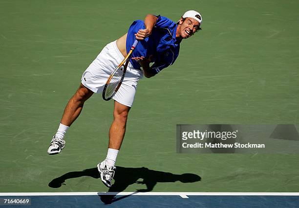 Richard Gasquet of France serves to Roger Federer of Switzerland during the final of the Toronto Masters Series Rogers Cup on August 13, 2006 at the...