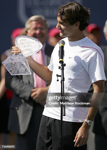 Roger Federer of Switzerland addresses the crowd after defeating Richard Gasquet of France during the final of theToronto Masters Series Rogers Cup...