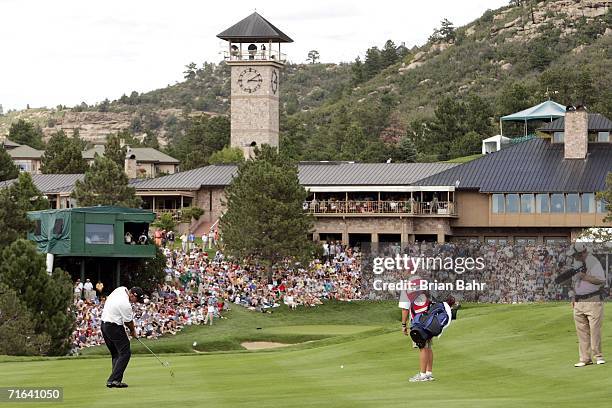 Tom Lehman drives onto the 18th green to set up a playoff against Dean Wilson during the final round of The International at Castle Pines Golf Club...