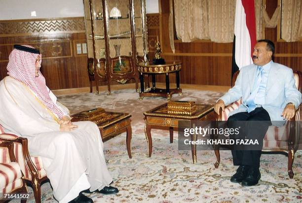 Yemeni president Ali Abdullah Saleh talks with Saudi Foreign Minister Saud al-Faisal during a meeting in Sanaa late 13 August 2006. The minister said...