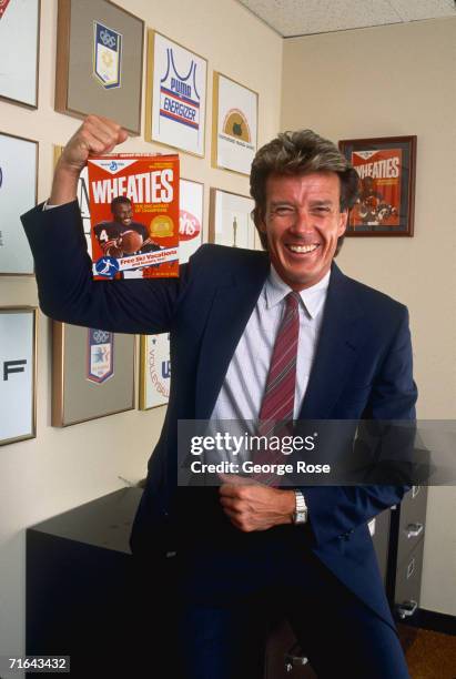 Former Olympic Gold Medal-winning pole vaulter turned actor, Robert "Bob" Seagren, poses with a box of Wheaties during a 1988 West Hollywood,...