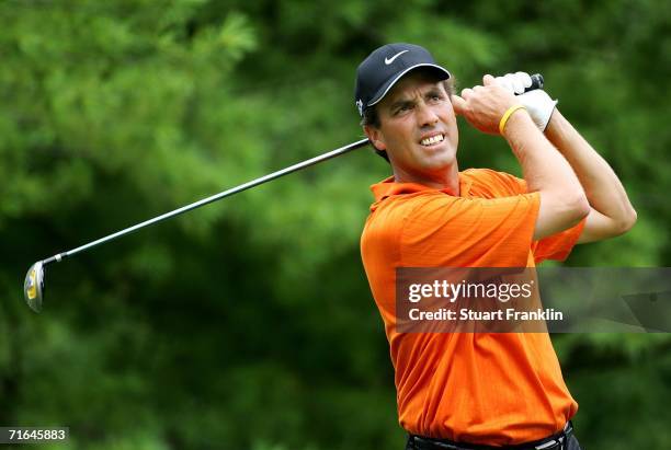 Stephen Ames of Canada plays his tee shot on the ninth hole during practice for the 2006 PGA Championship at Medinah Country Club on August 14, 2006...