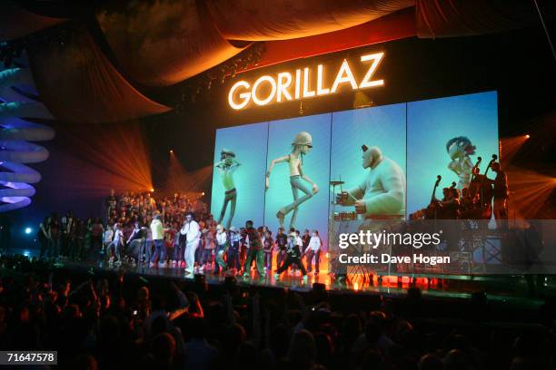 Gorillaz perform on stage at The Brit Awards 2006 with MasterCard at Earls Court 1 on February 15, 2006 in London, England. The 26th annual music...