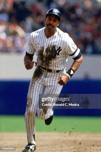 Dave Winfield of the New York Yankees running the bases against the Cleveland Indians at Yankee Stadium during a regular season game on April 27,...