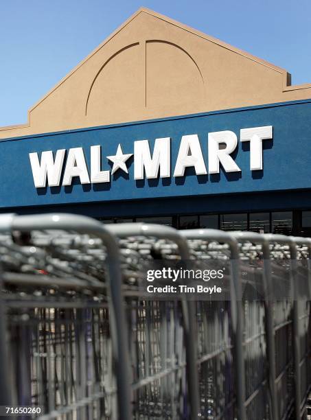 Shopping carts sit in a row outside a Wal-Mart store August 15, 2006 in Mount Prospect, Illinois. Wal-Mart profits fell 26 percent for the quarter,...