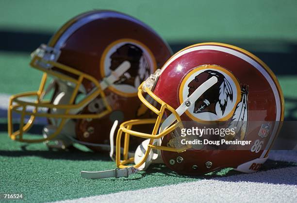 General view of the helmets of the Washington Redskins and the Philadelphia Eagles after the game at the Veterans Stadium in Philadelphia,...