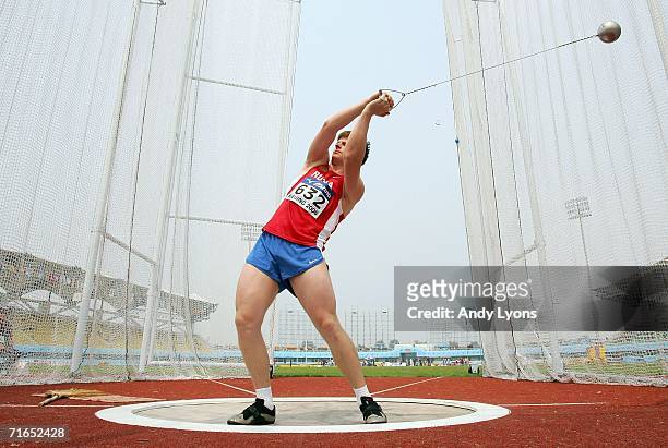 Anatoliy Pozdnyakov of Russia competes in the qualifying round of the Men's Hammer Throw on the second day of the 11th IAAF World Junior...
