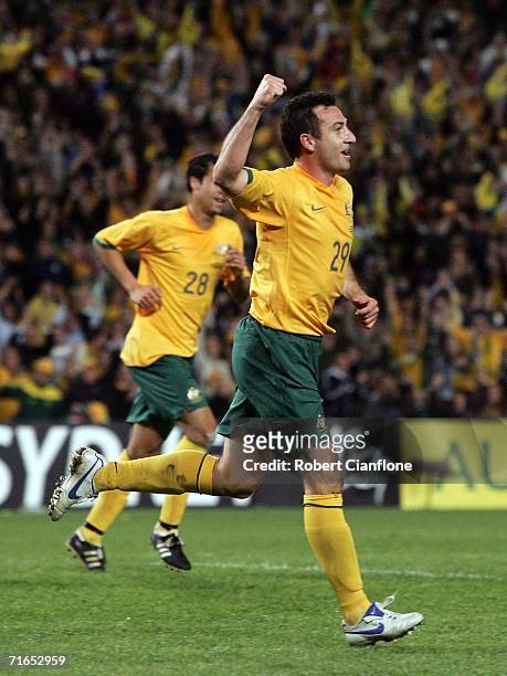 Sasho Petrovski of Australia celebrates scoring during the Asian Football Confederation Asian Cup 2007 qualifying match between Australia and Kuwait...